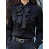 New Autumn Plain-color Lace-up Bow and Ruffled Hem Design Blouse for Women