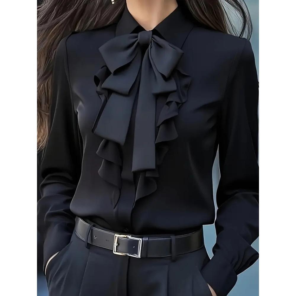 New Autumn Plain-color Lace-up Bow and Ruffled Hem Design Blouse for Women