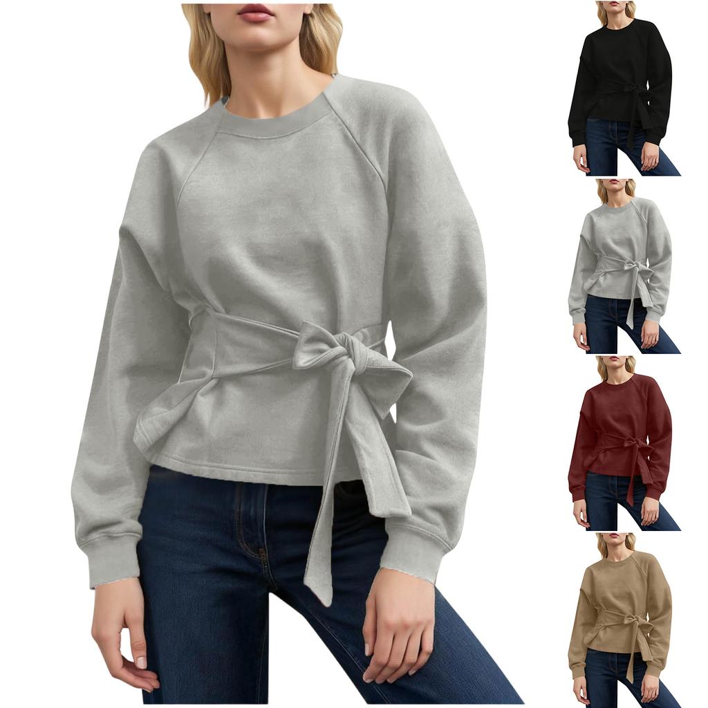 Women's Casual Fashion Strappy Belly-covering Slimming Round Neck Pullover Long-sleeved Top