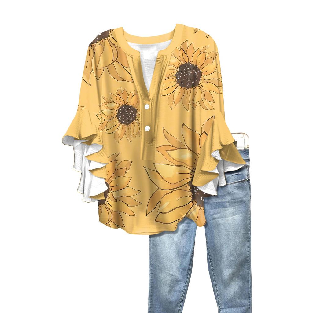 Summer Women's Tops V-Neck Seven Sleeve Shirt Spring Summer Floral Printed Tops Casual Shirt