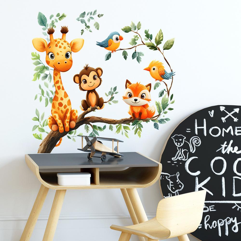 2 Pcs Tree Branches Cartoon Animals Bedroom Living Room Home Background Beautification Decoration Wall Stickers