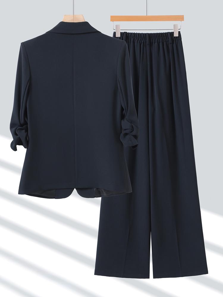 Women's Elegant Wrinkled Seven-Sleeve Blazer Suit with Wide-Leg Pants - Thin Style 2026 Spring/Summer Collection