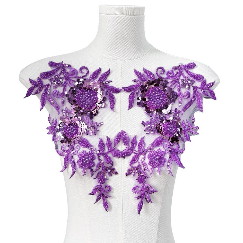 

1pair Rhinestone Tube Beaded Sequin Embroidery Sewing Patch DIY Handmade Lace Bodice Applique White Flower Embroidered Flower L фиолетовый