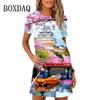 Elegante Abito Midi da Donna a Maniche Corte Moda Stampa 3D Taglie Forti Abbigliamento da Spiaggia