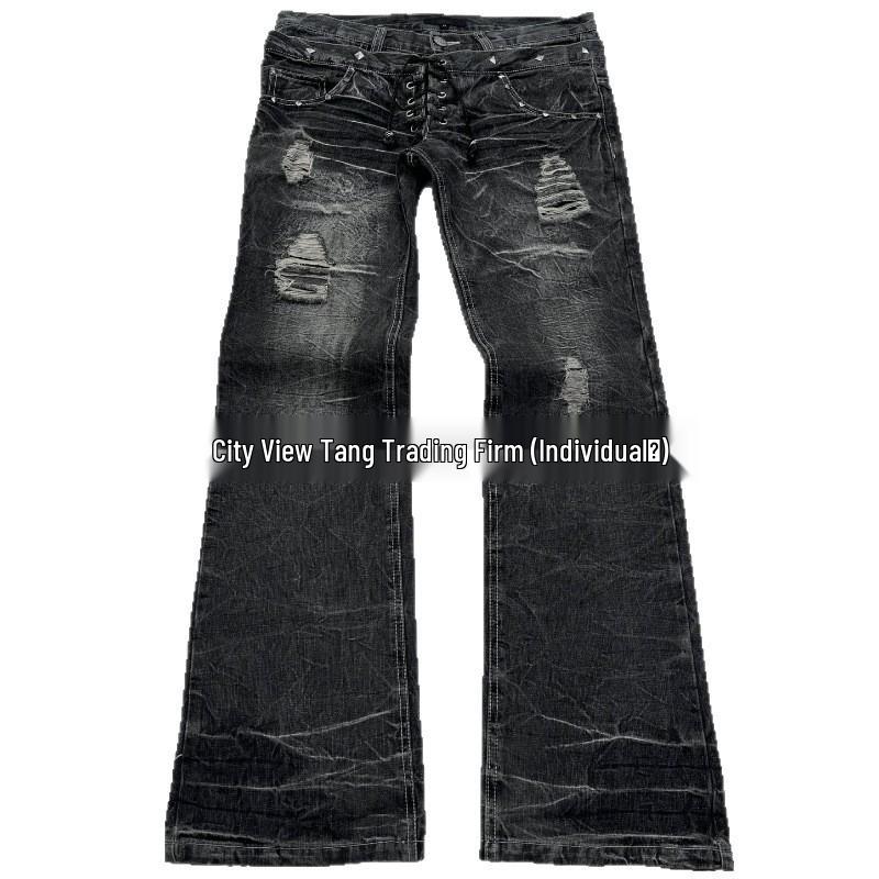 Gotické vintage vyprané roztrhané džíny zvonového střihu s dvojitým pasem