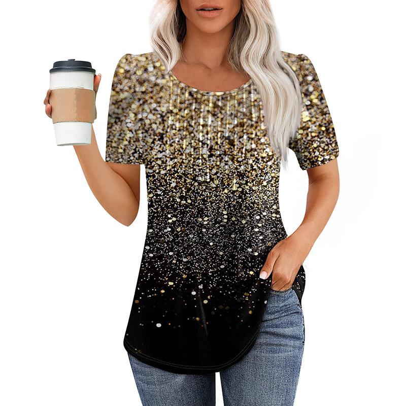 Neues plissee-Rundhals-Kurzarm-T-Shirt Damen-Oberteil Damenbekleidung