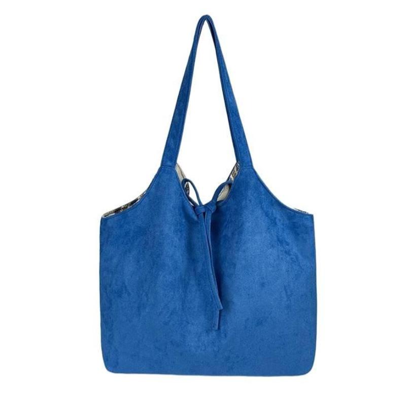 

Двусторонняя замшевая сумка-тоут Женская креативная ручка Большая вместимость Сумка через плечо Клетчатая подмышечная сумка Складная сумка для покупок 30x13x33cm синий