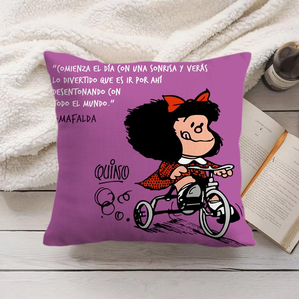 M-Mafalda Cartoon Cute Cushion Cover Silky Short Plush Invisible Zipper Dustproof Sofa Pillow Case For Home Decor