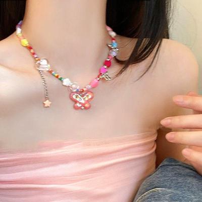 Summer Female Necklace Sweet Choker Baroque Simulated Pearls Cute Flowers Colorful Handmade Beaded Short Clavicl Necklace for Women