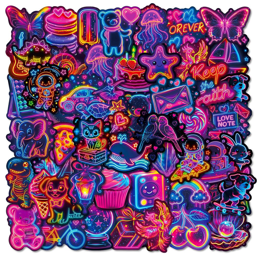 10/30/56pcs Funny Cute Neon Light Cartoon Stickers Aesthetic Decals DIY Stationery Luggage Cool Decoration Decals Toys Gifts