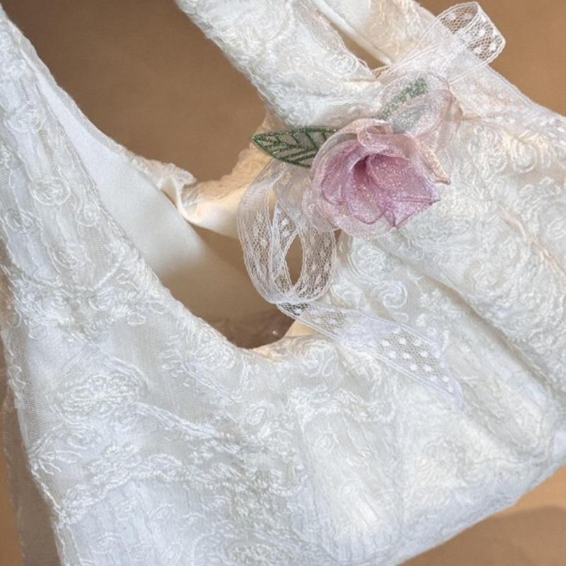 Spring and summer new small fresh lace flower canvas bag Korean gentle vacation wind large capacity shoulder tote bag