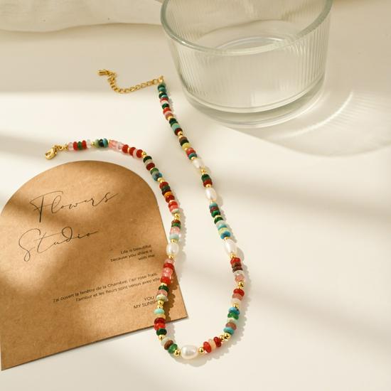 Bohemian Style Colorful Stone & Freshwater Pearl Minimalist Necklace for Women