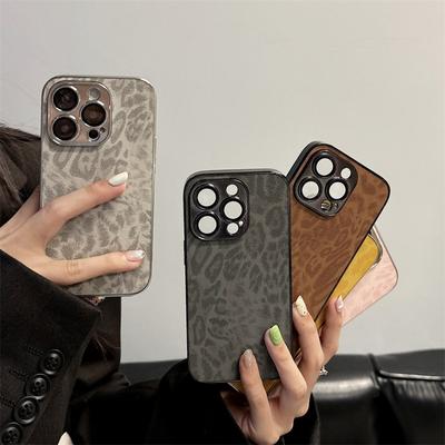Luxuriöse Hülle aus Leder mit Leopardenmuster und plattierter Lünette für das iPhone 16 Pro Max 15 14 Plus 13 12 Pro 11, All-Inclusive-Fallschutzhülle mit Linsenfolie