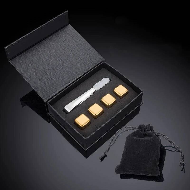 304 / 316 Edelstahl Eiswürfel Anti-Rutsch-Clip-Set Goldene Wiederverwendbare Metall-Whisky-Eiswürfelkuchen Whiskey-Weinstein Geschenkboxverpackung