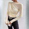 Semi High Neck European American Style Solid Color Slim Fit Base Layer Shirt Versatile Gather Detail Design Long Sleeve T Shirt Women Top