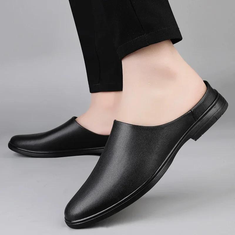 Summer Handmade Men Shoes Genuine Leather Slippers Casual Square Toe Slip-On Slides Mens Mules Shoes Trendy Quality Half Drag