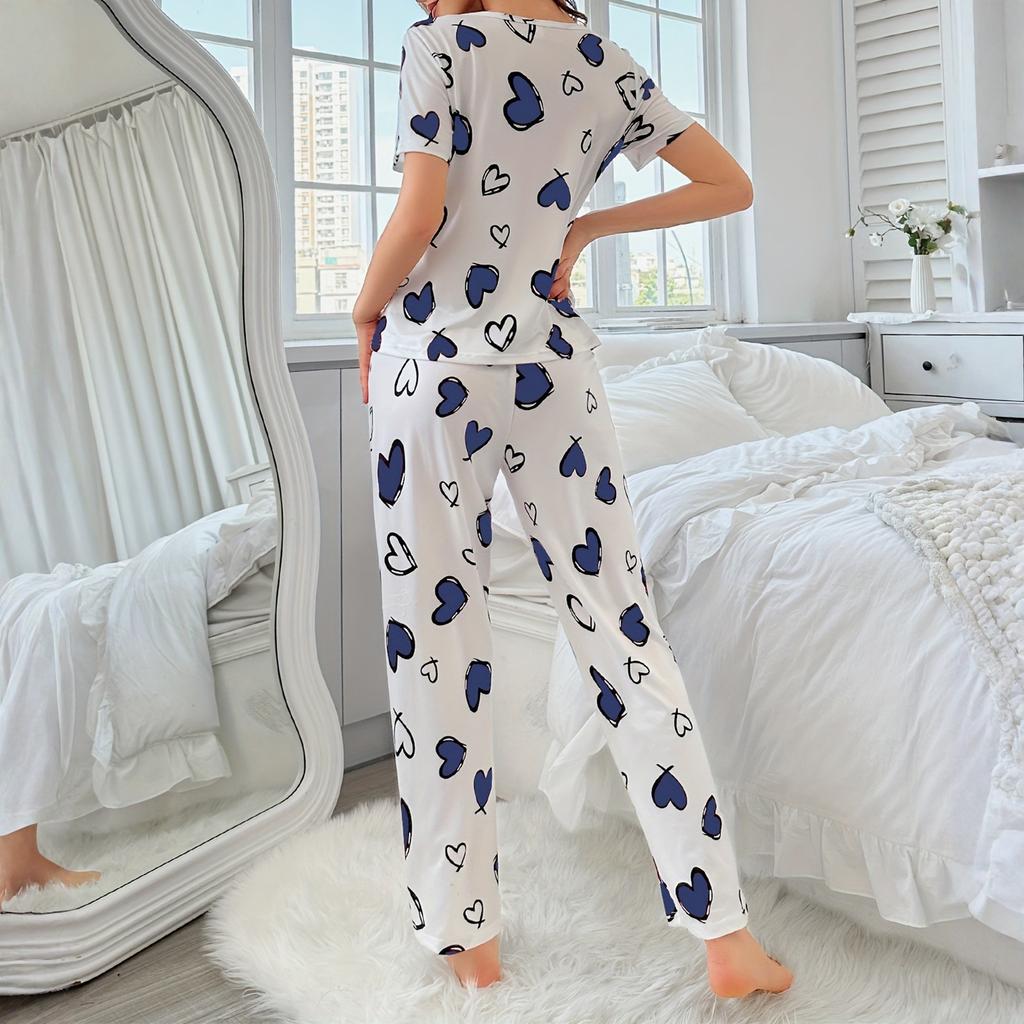 Women's Sleepwear, Short Sleeved Pants, Comfortable Heart Printed Casual Home Suit Set, Sleepwear Suitable For Women To Wear Outside