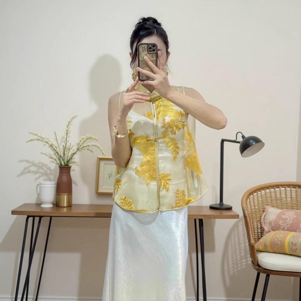 Embroidered Chinese vest antique top summer fashion new temperament retro Chinese stand-up collar 2025
