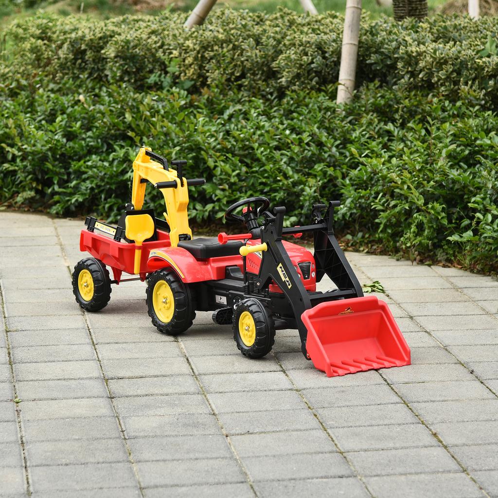 Pedal Tractor with Trailer, Front Loader, Adjustable Bucket, Tractor Pedal Vehicle for Children from 3 Years Red