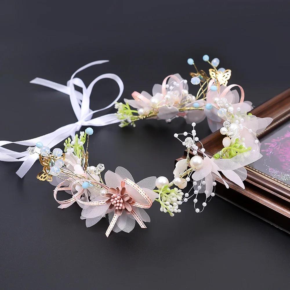 Elegant Girls Headband Imitated Pearl Hair Headdress Baby Girls Flower Wreath Bride Garland Head Hoop Wedding Hair Headbands