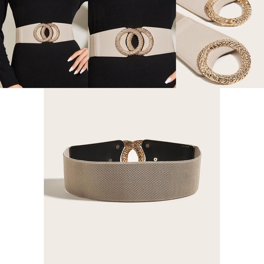 Retro Artistic Leather Wide Waist Belt With Elastic Double Round Buckle For Women