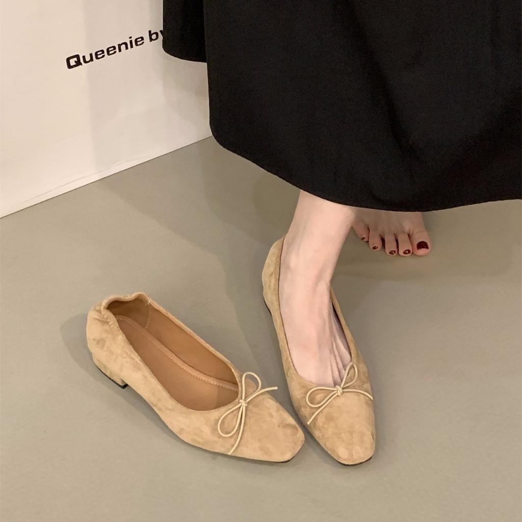 Coarse heel suede bow single shoes women's shoes 2025 new spring and autumn evening shoes French retro commuter ladyshoes