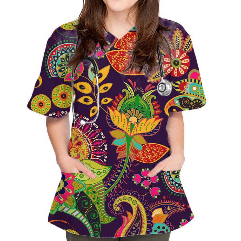 Chirurgische Uniformen Damen Mode Blumendruck Tierarzt Chirurgische Uniformen V-Ausschnitt Kurzarm Oberteile Haustier Medico Damen Chirurgische Kittel