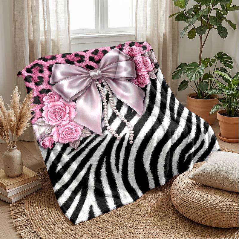 Pink Roses and Bow 1 Theme blanket Lightweight Warm Flannel Blanket Decorative Throw Blanket for Home Decoration