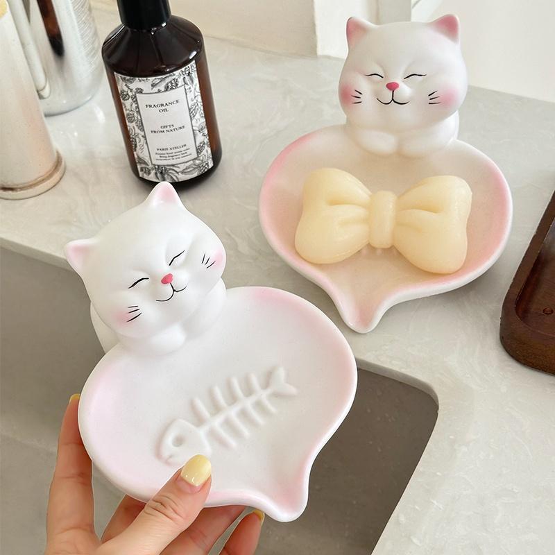 1pc Cute Cat Soap Dish - Bathroom Countertop Organizer with Drainage, Non-Slip Base, Pastel Pink & White Decor - Soap Holder
