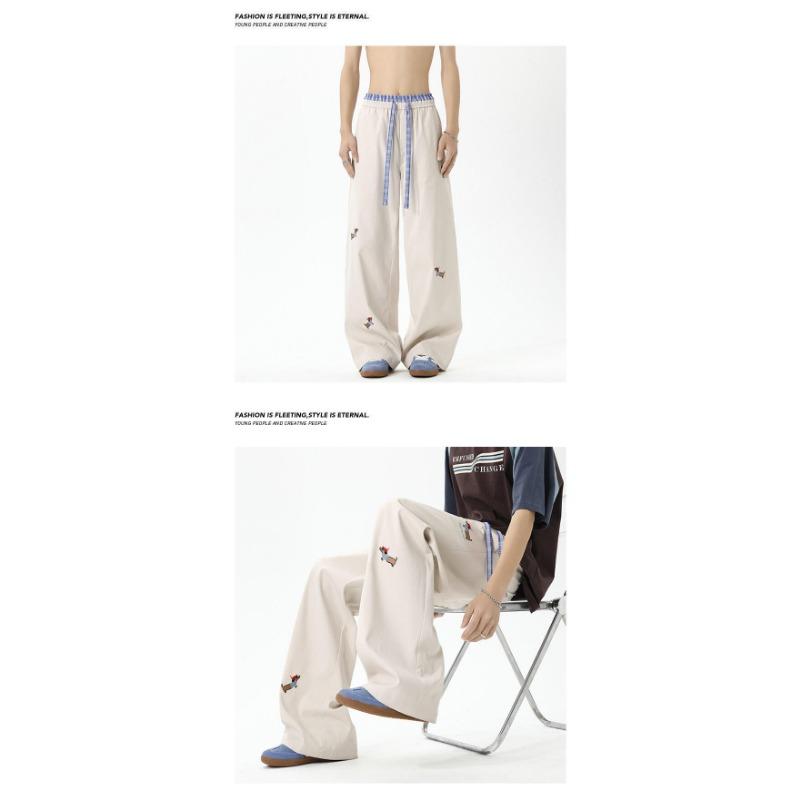 Vintage Puppy Embroidery Loose Wide Leg Double Waist Casual Fleece Long Pants For Men