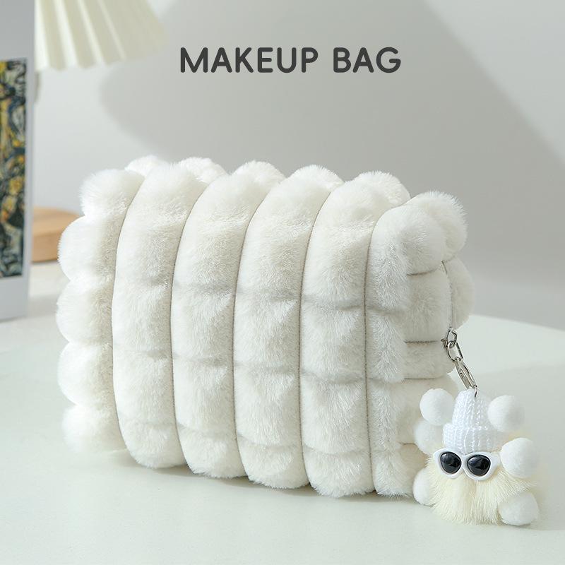 

Cute Fuzzy Cloud Makeup Bag Large Capacity Plush Cosmetic Pouch with Charm 19*8*13.5cm белый