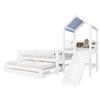 Kinderbett 90*200, mit Ausziehbett 90*190, Hausbett mit Rutsche, Seitliche Treppe, Schubladen, Massivholzrahmen und Stoffdach, Weiß