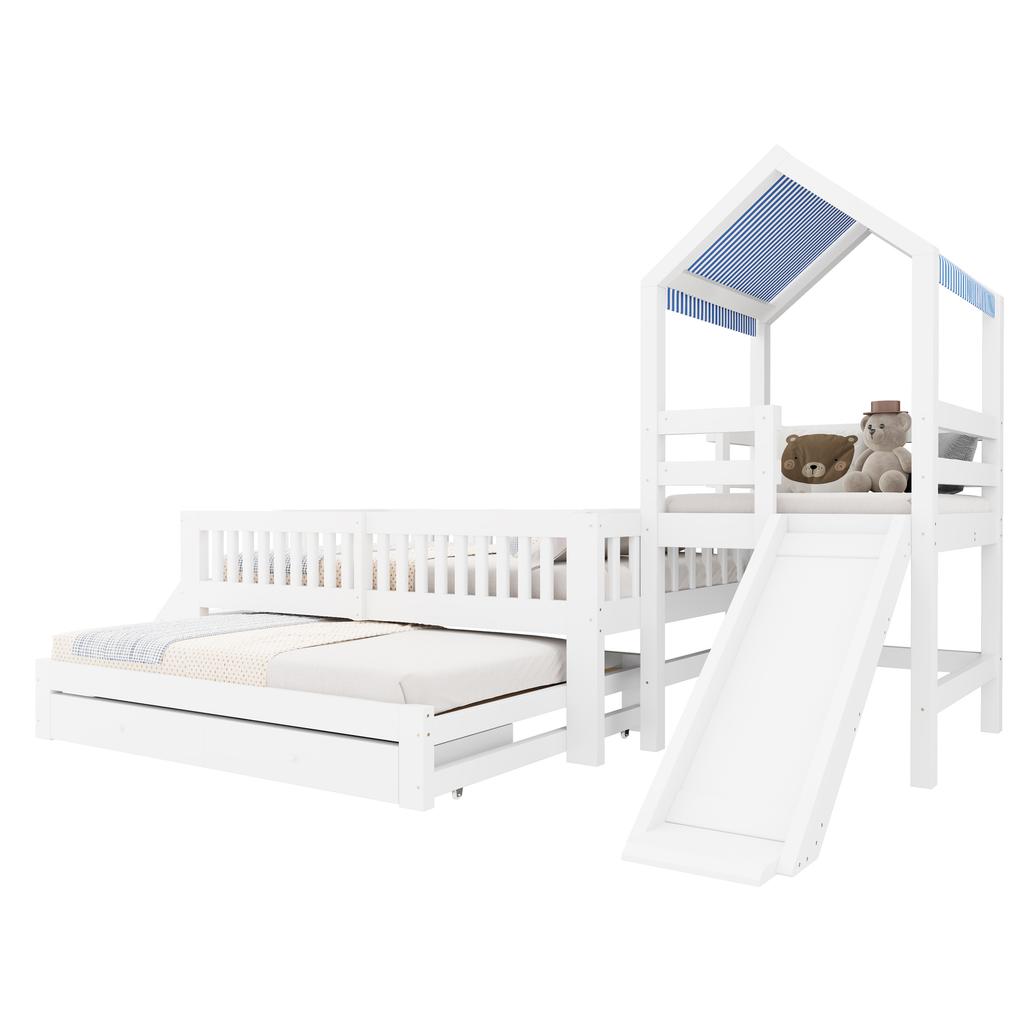 Kinderbett 90*200, mit Ausziehbett 90*190, Hausbett mit Rutsche, Seitliche Treppe, Schubladen, Massivholzrahmen und Stoffdach, Weiß