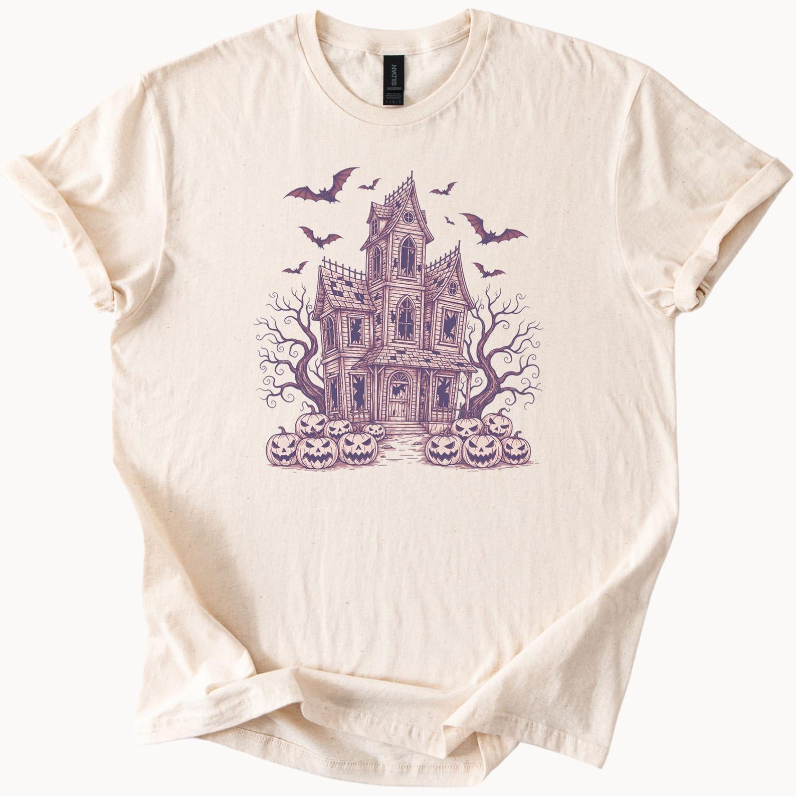 Halloween Haunted House Graphic Tee Spooky Halloween Pumpkins Bats Creepy Shirt Fall Ghost Mansion Halloween Shirt Gothic Horror Shirt 110