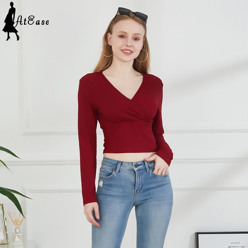 

женщины Осень Весна Мода футболка Глубокий V-Образный вырез длинный рукав трикотажные футболки Случайный тонкий твердый цвет Сексуальная кросс футболка