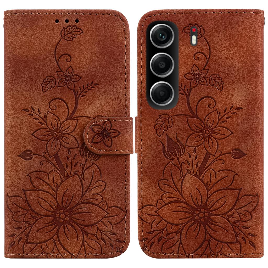 For TECNO Camon 40 4G Stand Case Lily Flower Imprint Leather Phone Cover with Wrist Strap