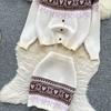 Autumn Winter Women Vintage Jacquard Knitted Sweater Two Piece Set Single Breasted Cardigans Tops and Mini Short Sheath Skirt Suit