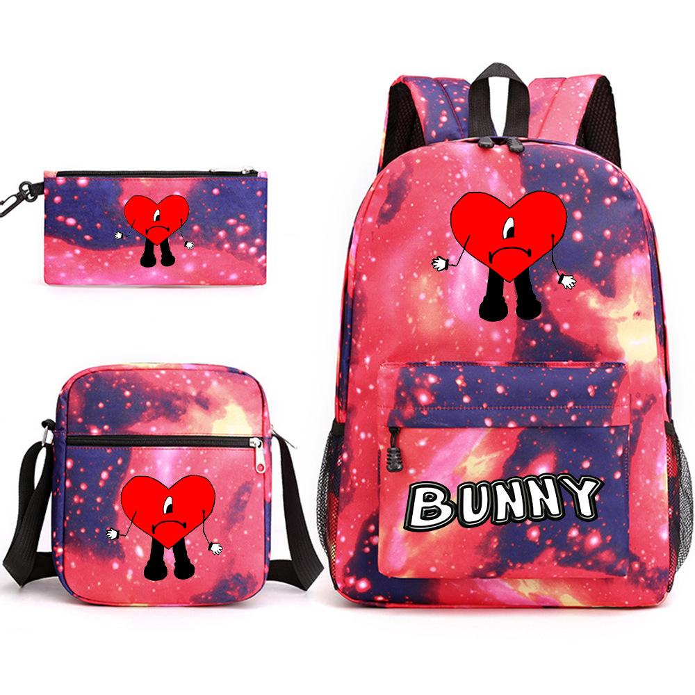 Popular Novelty Cool Bad Bunny Print 3pcs/Set Pupil School Bags Laptop Daypack Backpack Inclined Shoulder Bag Pencil Case