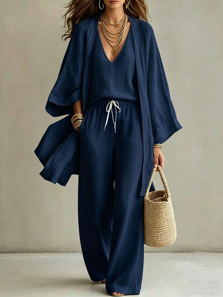 European/American Spring-Fall Three-Piece Set: Loose 9-Sleeve Cardigan, Sleeveless Vest, and Long Pants.