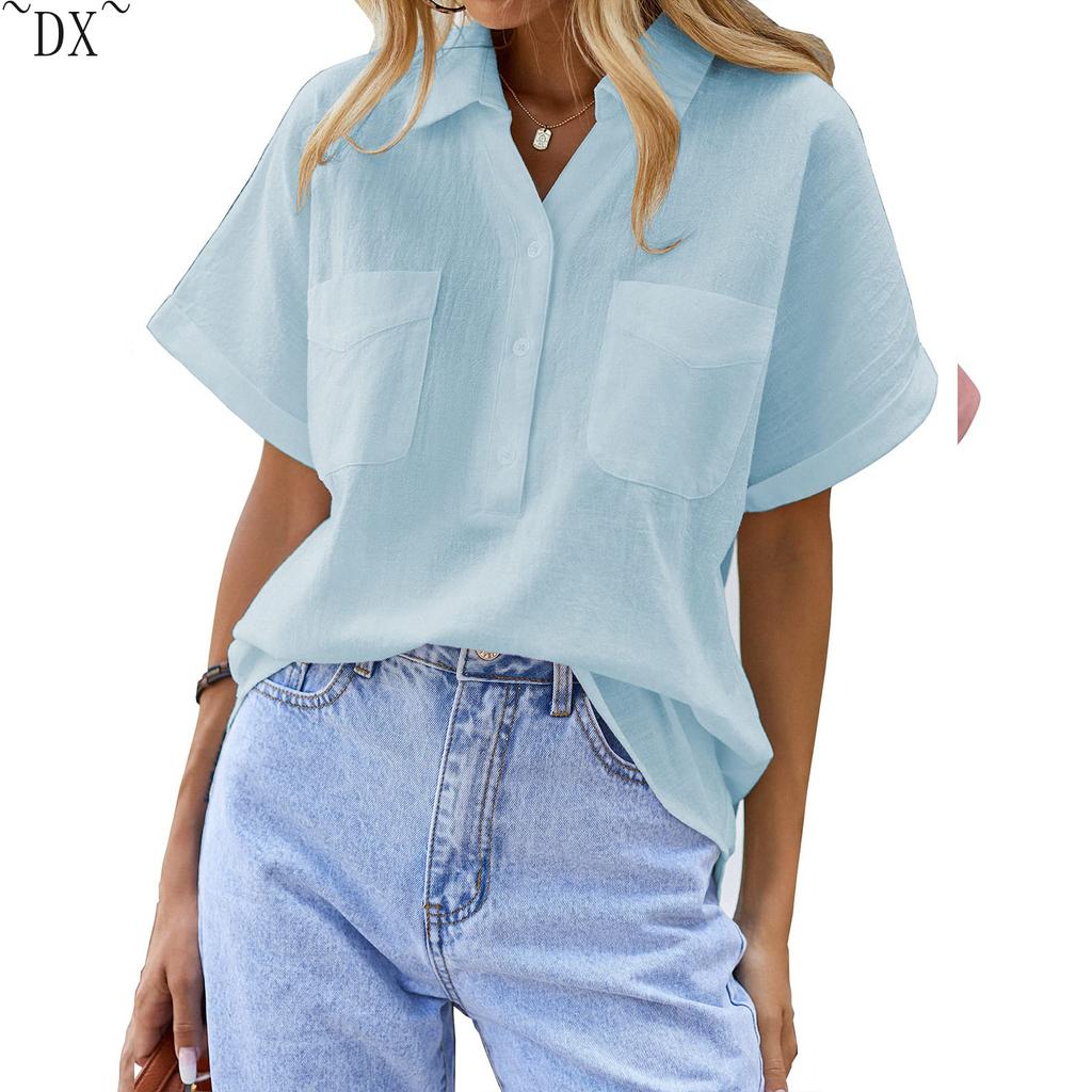 DX~Women's Cotton Linen Shirt Short Sleeved Henry Shirt Button Up V-neck Casual Work Top with Two Pockets