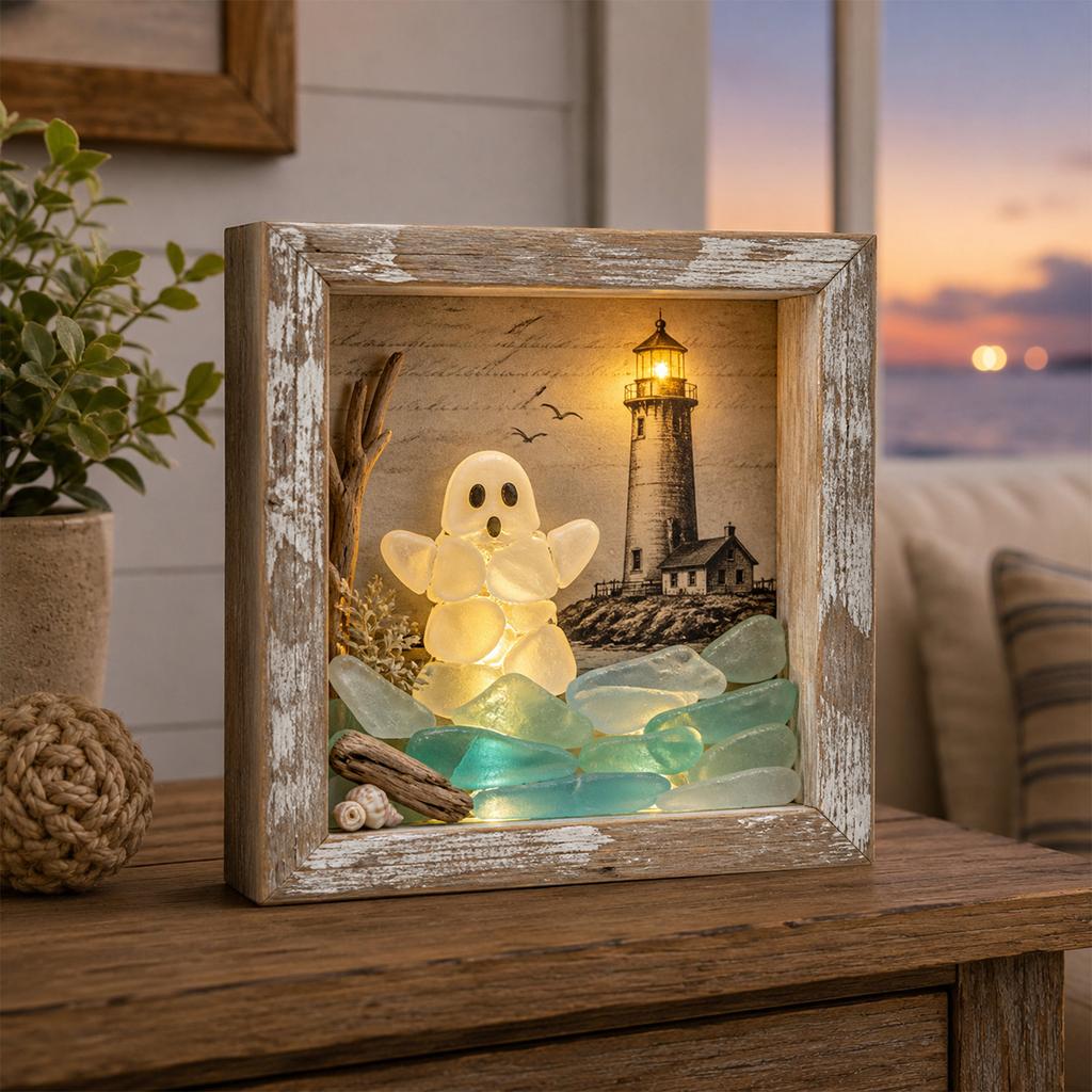 LED Decorative Night Light with Sea Glass, Illuminated Tabletop Decor for Home Bedroom
