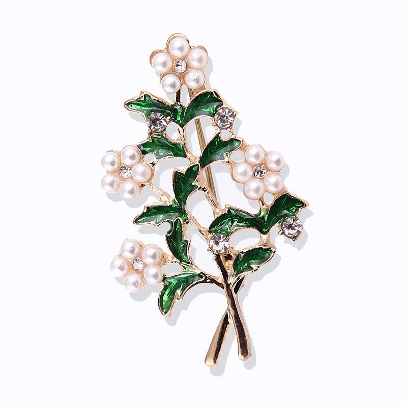 Vintage Green Leaf Brooch With Pearl And Rhinestone For Women Fashion Accessory