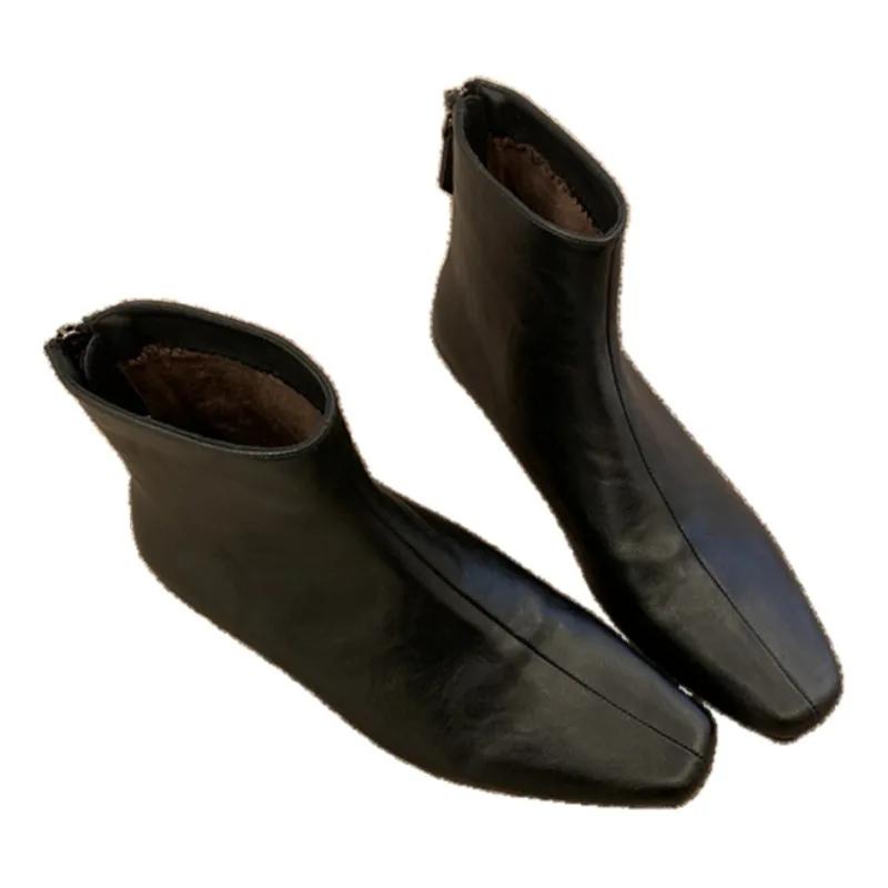 Ghete de damă până la gleznă din piele întoarsă, călduroase, cu vârf pătrat, din piele, de zăpadă, de marcă, cu pluș, din bumbac, la modă, Chelsea, cu toc mic, fashion, confortabile, botine de damă