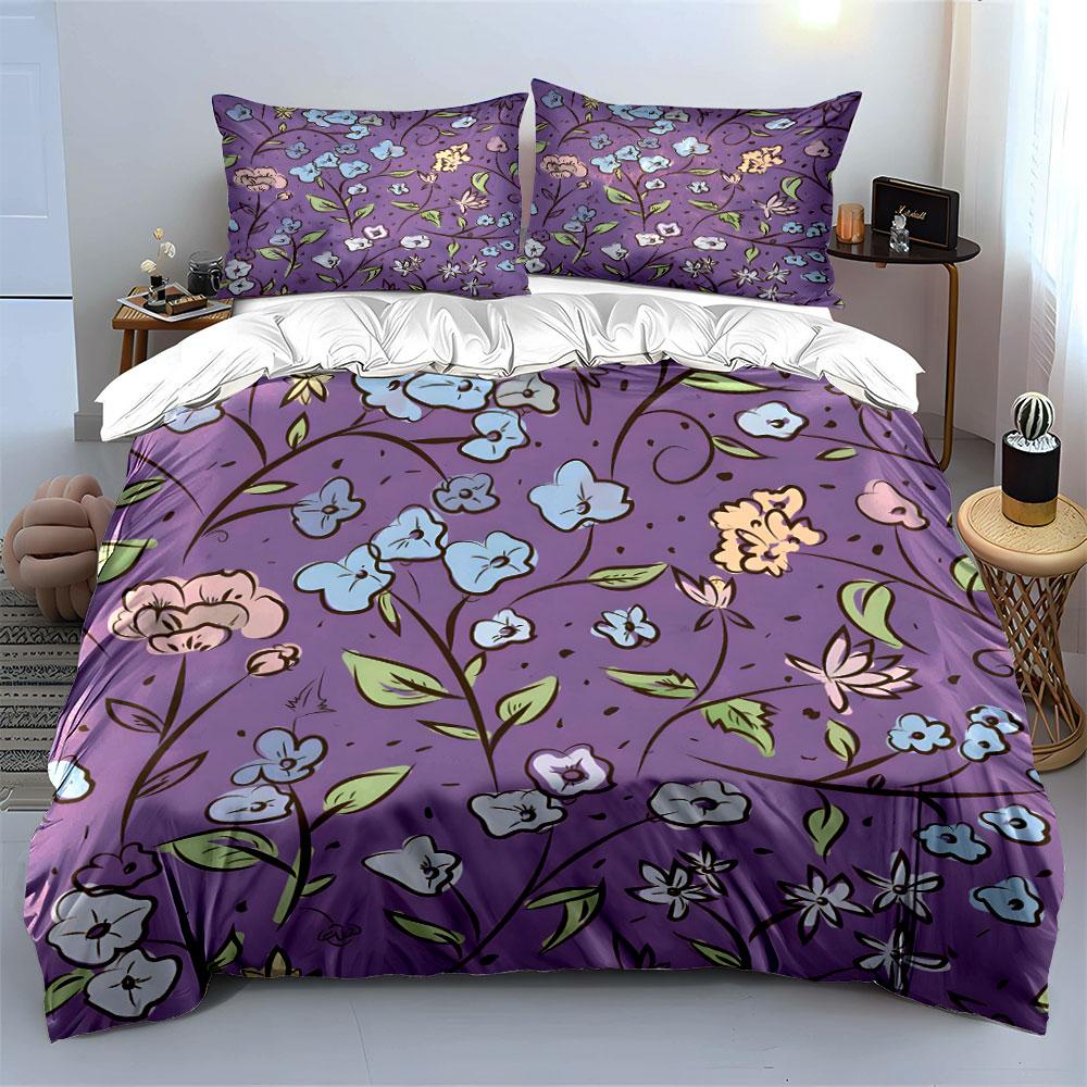 Floral Pattern Purple Design Bedding Duvet Cover Set  (1*Duvet Cover 2*Pillowcases, without duvet insert)