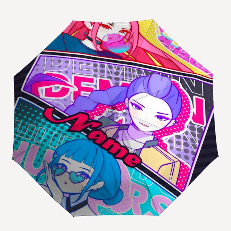 Ombrello Automatico Personalizzabile con Nome, Tema Cacciatori di Demoni KPop, Leggero e Portatile, 8 Stecche, Perfetto per Viaggi all'Aperto, Compleanni, Natale, Regali.