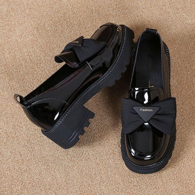 Soft Leather Single Shoes Women's Platform Loafers 2025 New Summer Mid-heel Women's Shoes Bow Bright Leather Shoes Women's Small Men
