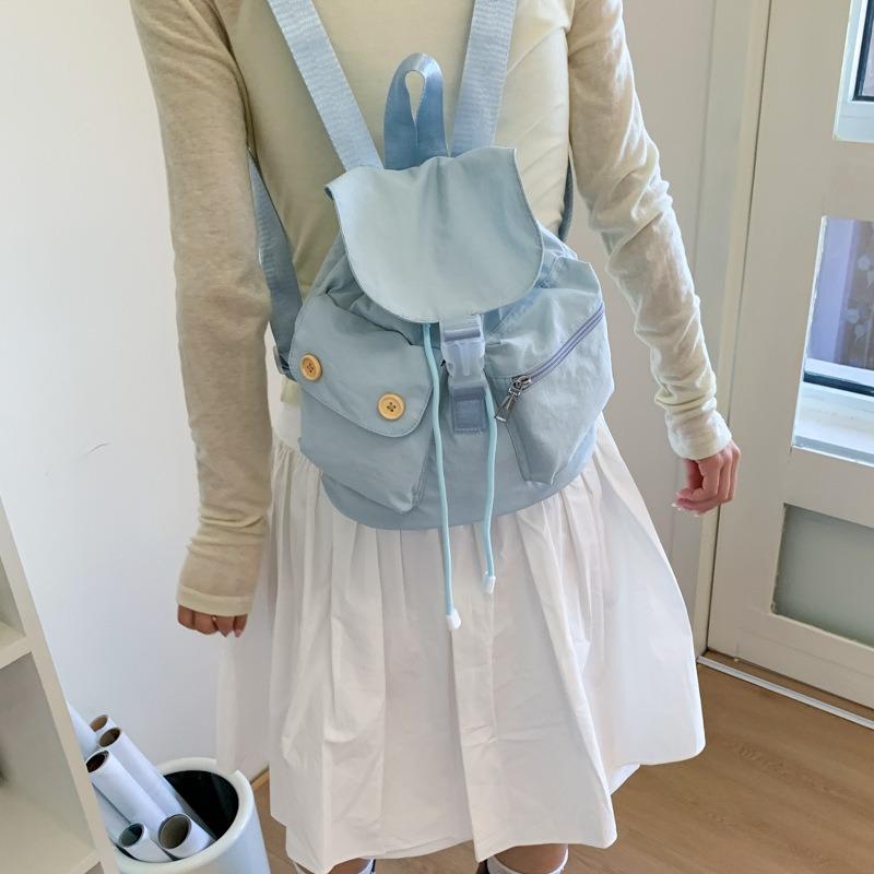 Korean Niche Design Pocket Button Drawstring Backpack Casual Versatile Foreign Style Backpack Outdoor Nylon Backpack