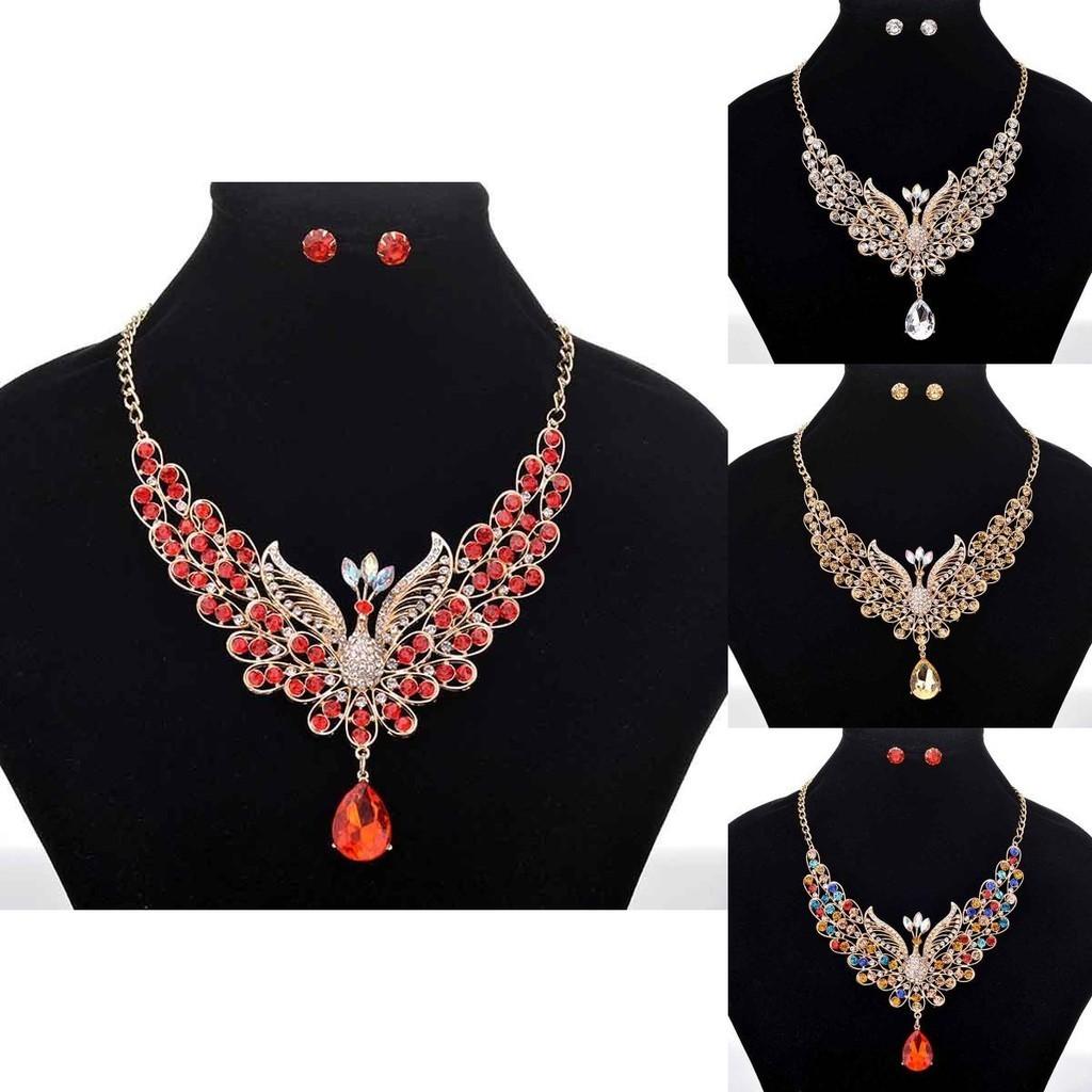 Exquisite Retro Peacock Necklace With Colorful Ear Studs Rhinestone Jewelry Set