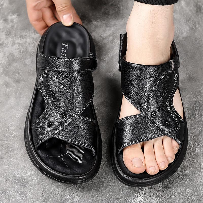 Sandals men's summer new beach shoes genuine leather cool slippers soft sole men's sandals trend one shoe two wear leather sandals