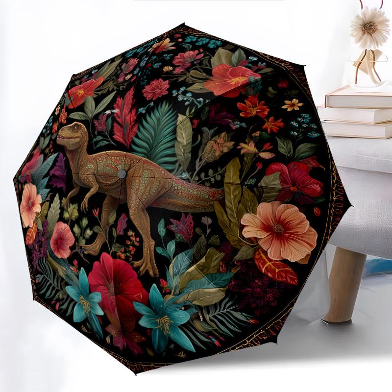 0106 Floral Chicken & Dinosaur  pattern, automatic folding umbrella, portable and foldable design, 8 ribs, a Christmas or birthday gift.